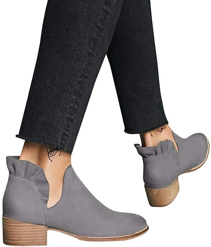 Fashare Womens Fall Cutout Booties Ankle Heels Low Stacked Ruffle Slip On Dress Short Boots Shoes