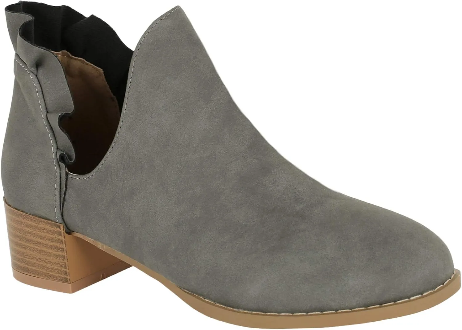 Fashare Womens Fall Cutout Booties Ankle Heels Low Stacked Ruffle Slip On Dress Short Boots Shoes