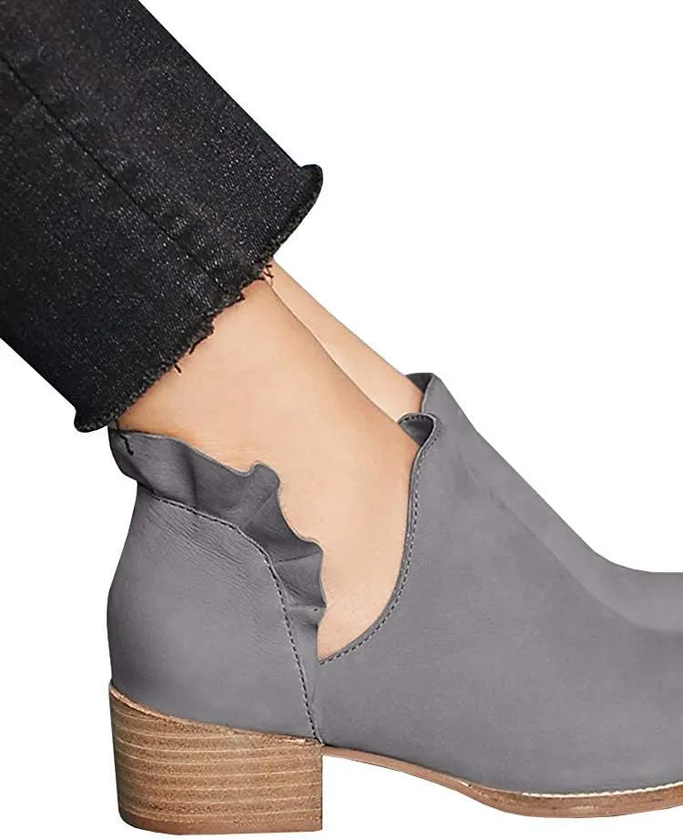 Fashare Womens Fall Cutout Booties Ankle Heels Low Stacked Ruffle Slip On Dress Short Boots Shoes