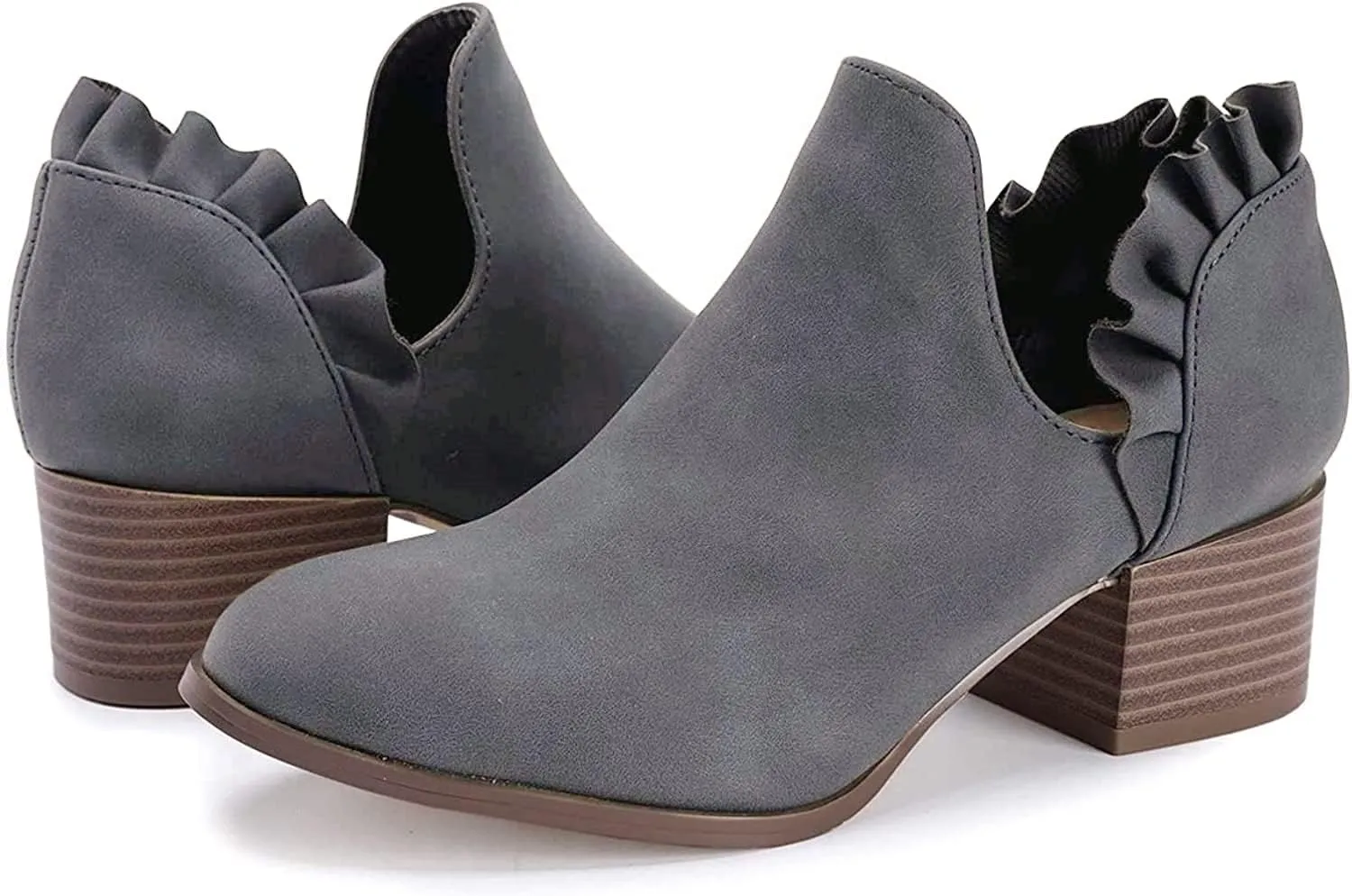 Fashare Womens Fall Cutout Booties Ankle Heels Low Stacked Ruffle Slip On Dress Short Boots Shoes