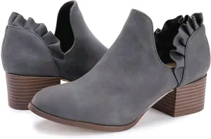 Fashare Womens Fall Cutout Booties Ankle Heels Low Stacked Ruffle Slip On Dress Short Boots Shoes