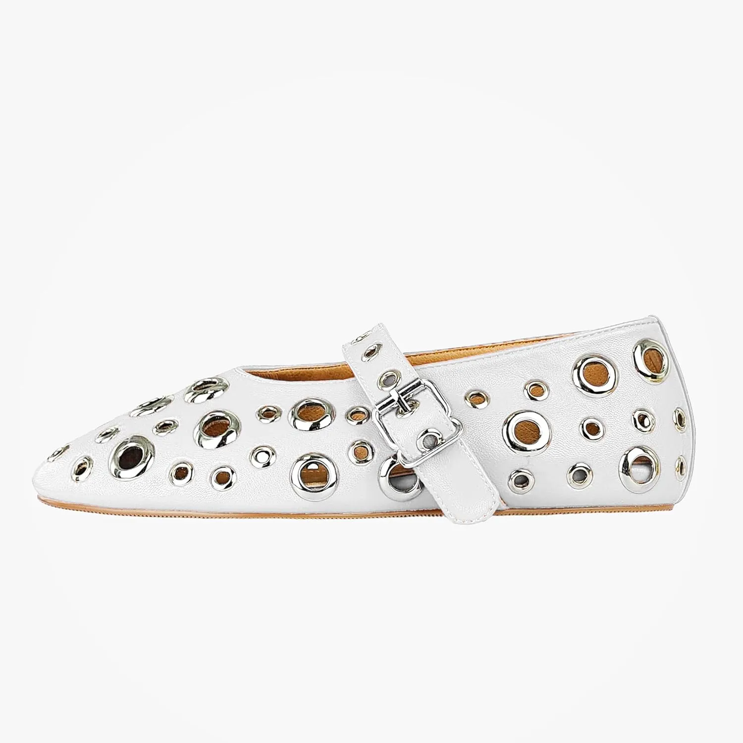 Fashion Buckle Ballet Flats Women's Delicate Metal Buckle with Rivet Holes Mary Jane Comfort Flats