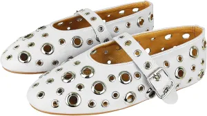 Fashion Buckle Ballet Flats Women's Delicate Metal Buckle with Rivet Holes Mary Jane Comfort Flats
