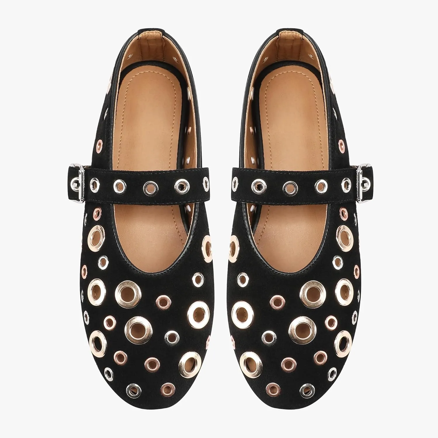 Fashion Buckle Ballet Flats Women's Delicate Metal Buckle with Rivet Holes Mary Jane Comfort Flats
