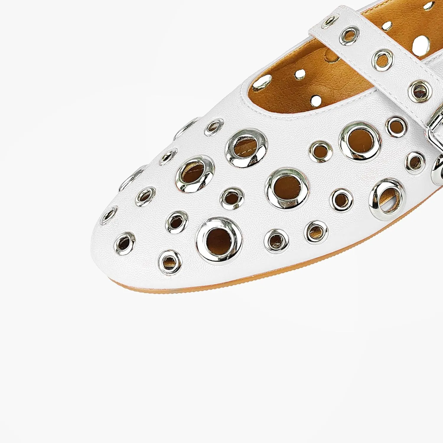 Fashion Buckle Ballet Flats Women's Delicate Metal Buckle with Rivet Holes Mary Jane Comfort Flats