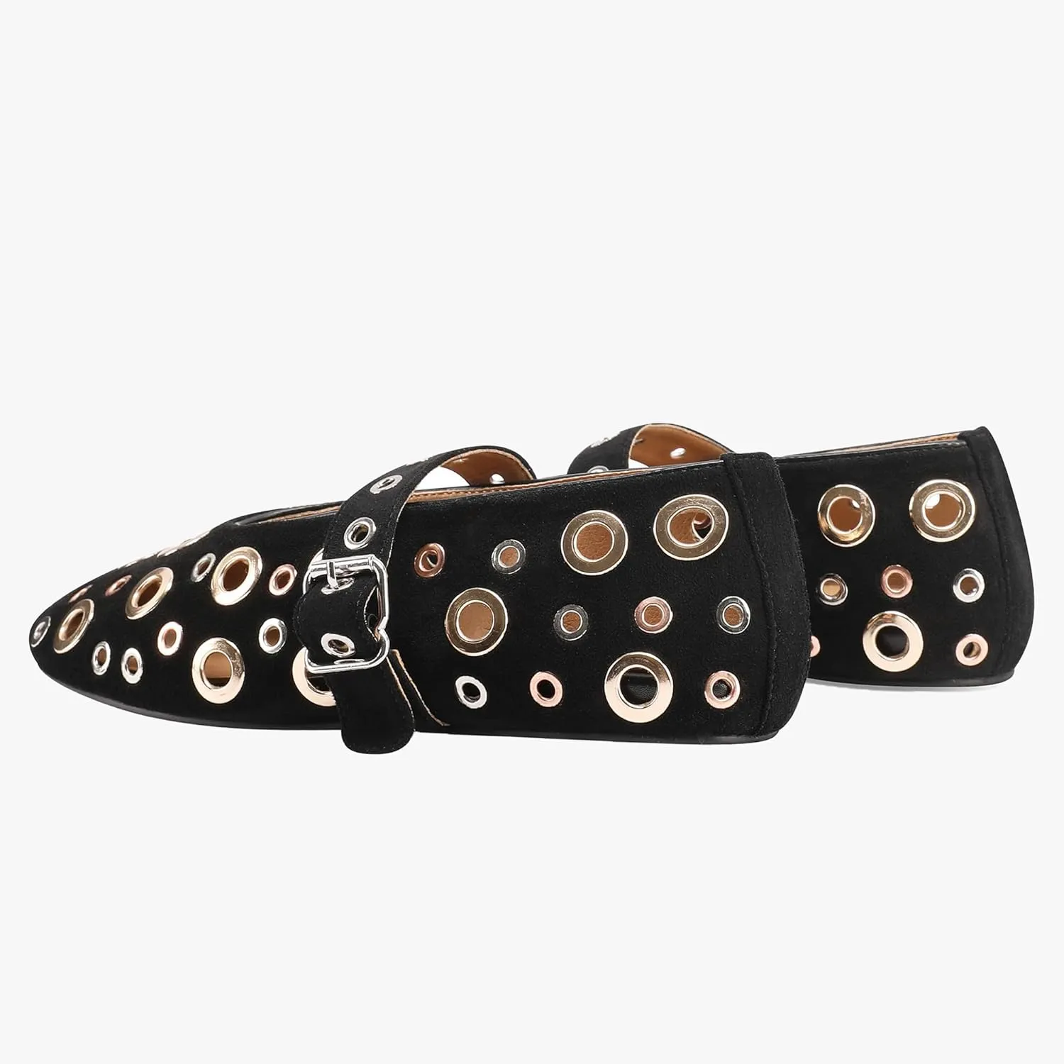 Fashion Buckle Ballet Flats Women's Delicate Metal Buckle with Rivet Holes Mary Jane Comfort Flats