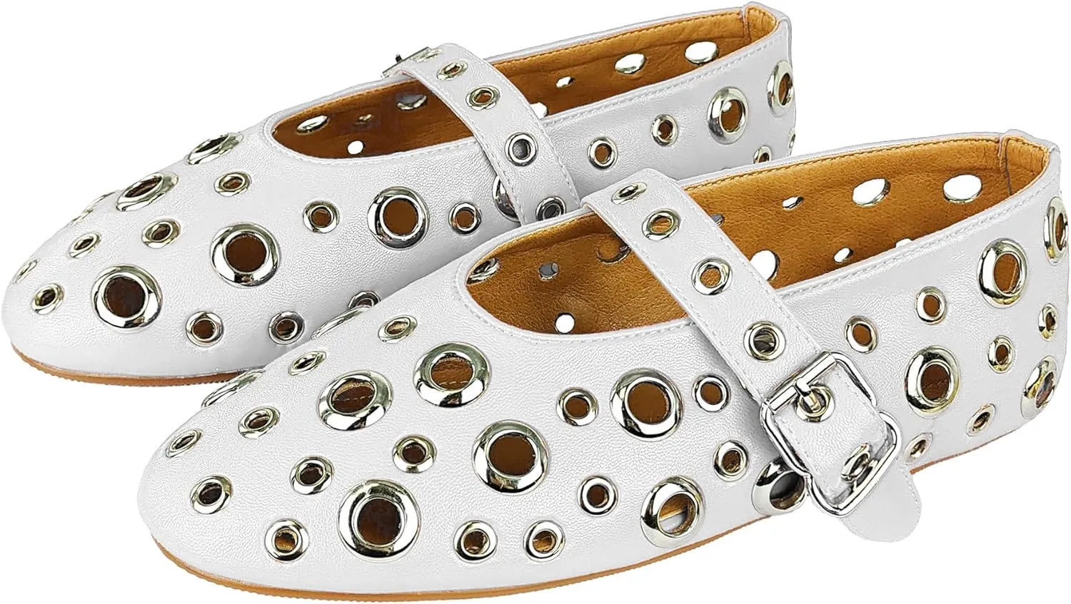 Fashion Buckle Ballet Flats Women's Delicate Metal Buckle with Rivet Holes Mary Jane Comfort Flats