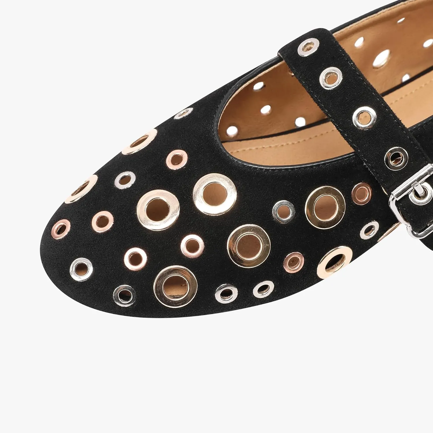 Fashion Buckle Ballet Flats Women's Delicate Metal Buckle with Rivet Holes Mary Jane Comfort Flats
