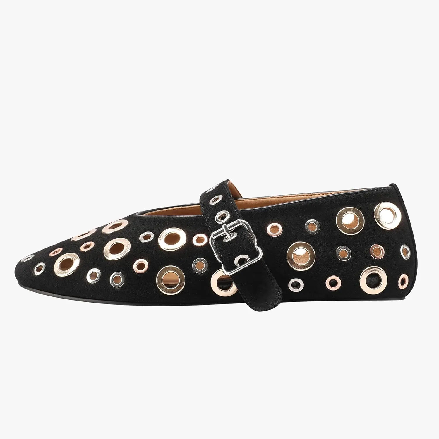 Fashion Buckle Ballet Flats Women's Delicate Metal Buckle with Rivet Holes Mary Jane Comfort Flats