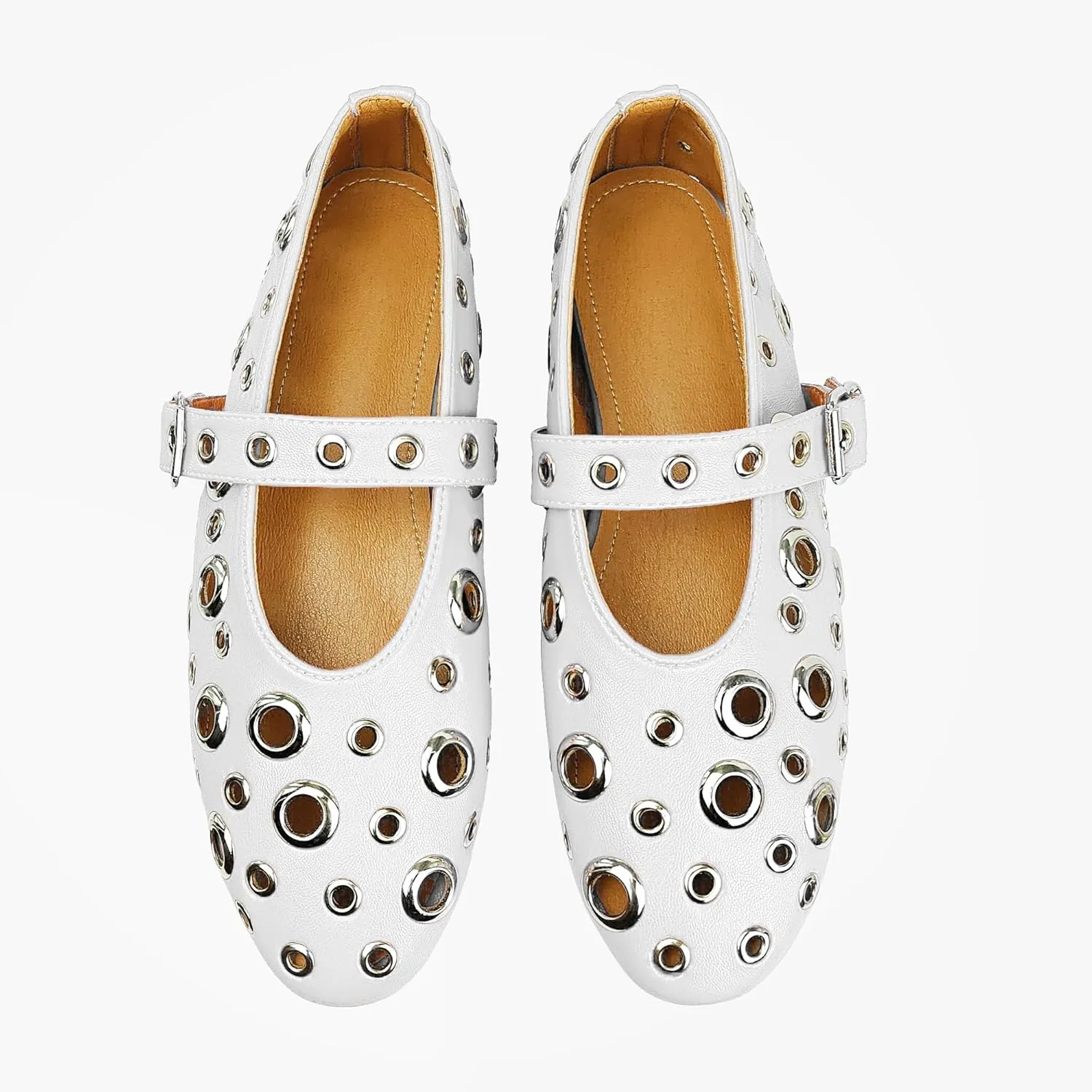 Fashion Buckle Ballet Flats Women's Delicate Metal Buckle with Rivet Holes Mary Jane Comfort Flats