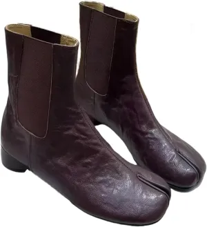 Fashion Retro Closed Split Toe Tabi Shoes Slip on Chelsea Boots for Women Ankle Booties with Elastic Band Genuine Leather Chunky Block Low Heels Cowgirl Casual Street Cool Style