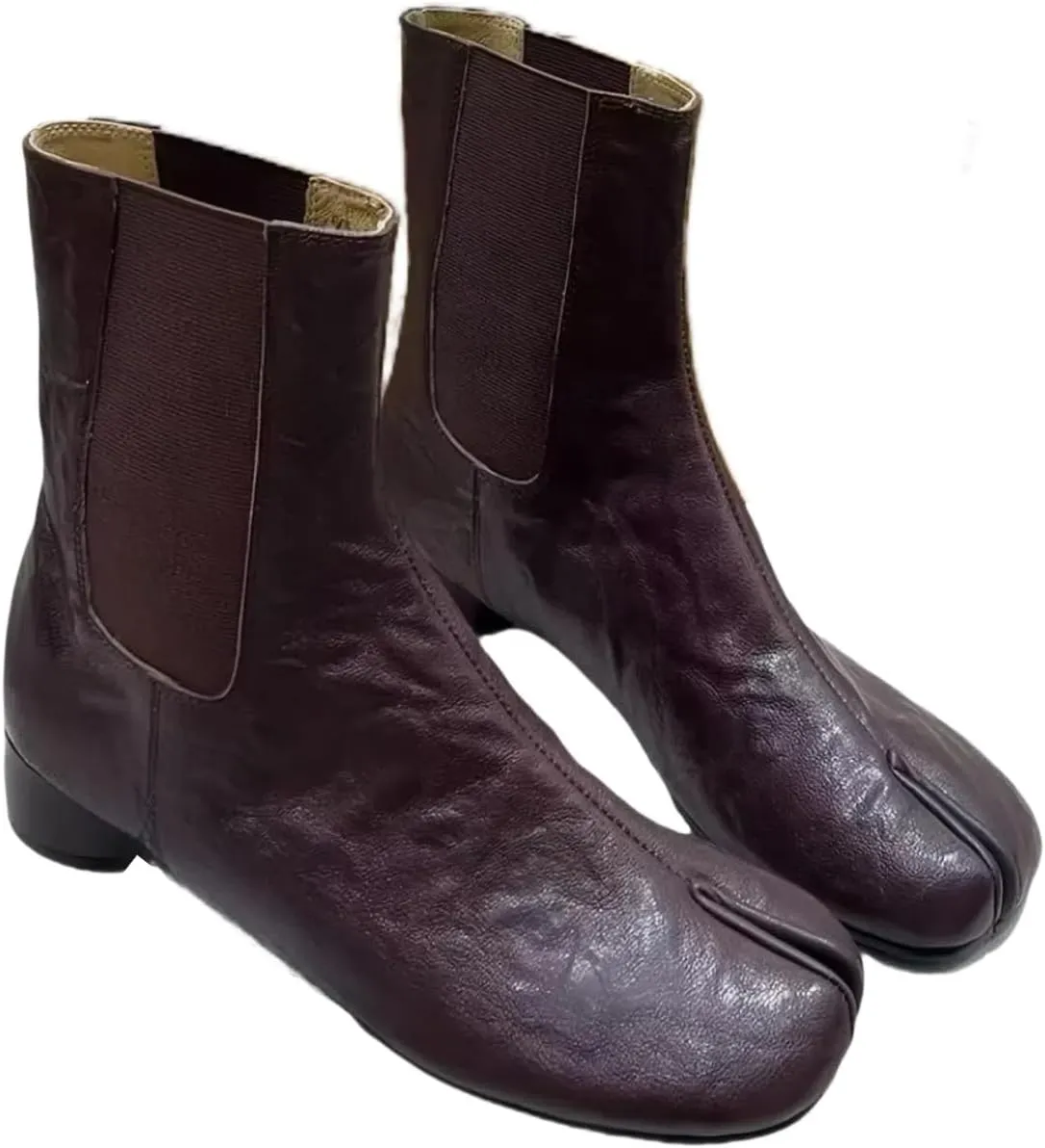 Fashion Retro Closed Split Toe Tabi Shoes Slip on Chelsea Boots for Women Ankle Booties with Elastic Band Genuine Leather Chunky Block Low Heels Cowgirl Casual Street Cool Style