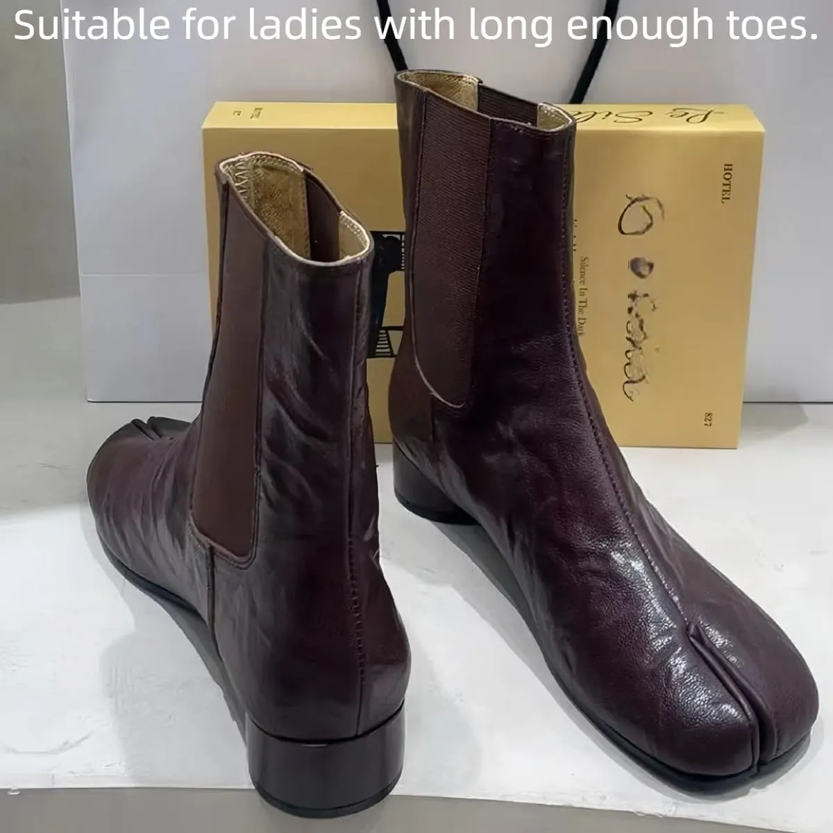 Fashion Retro Closed Split Toe Tabi Shoes Slip on Chelsea Boots for Women Ankle Booties with Elastic Band Genuine Leather Chunky Block Low Heels Cowgirl Casual Street Cool Style