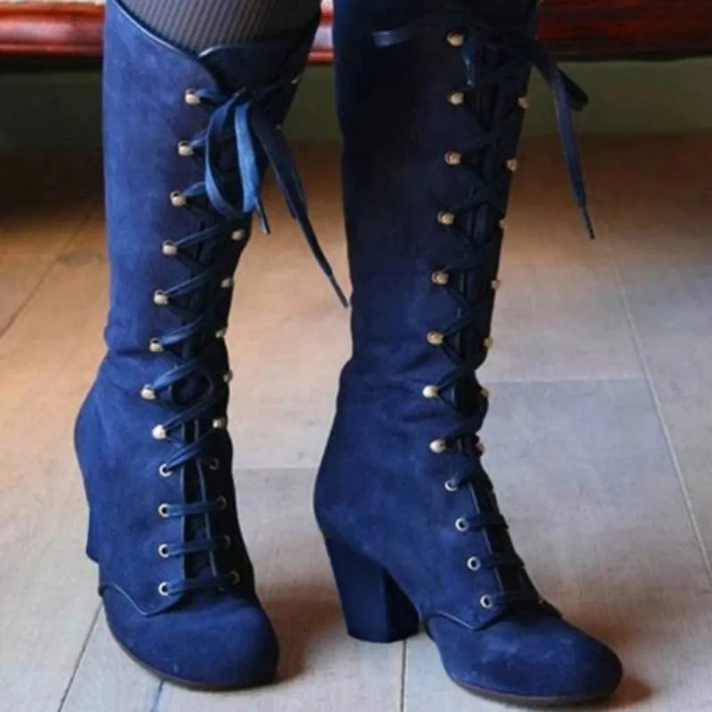 Faux Suede Mid-Calf Height Boot for Women, Casual Lace up Chunky High Heels Booties Winter Warm Vintage Gothic Boots Shoes