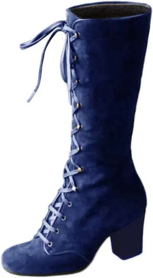 Faux Suede Mid-Calf Height Boot for Women, Casual Lace up Chunky High Heels Booties Winter Warm Vintage Gothic Boots Shoes