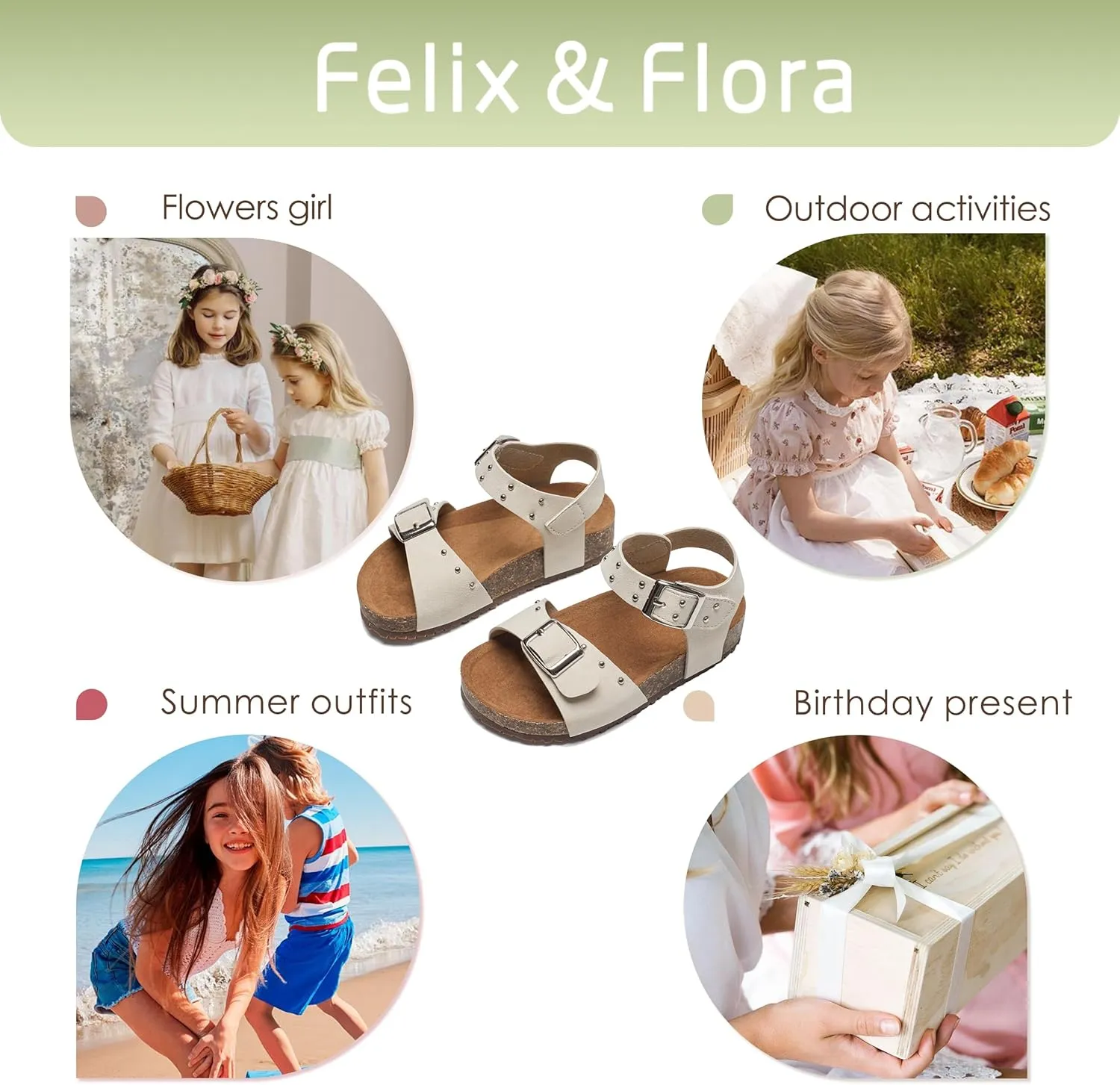 Felix & Flora Toddler Girls Sandals Flower Girl Cork Footbed Open Toe Comfort Princess Summer Flat Shoes