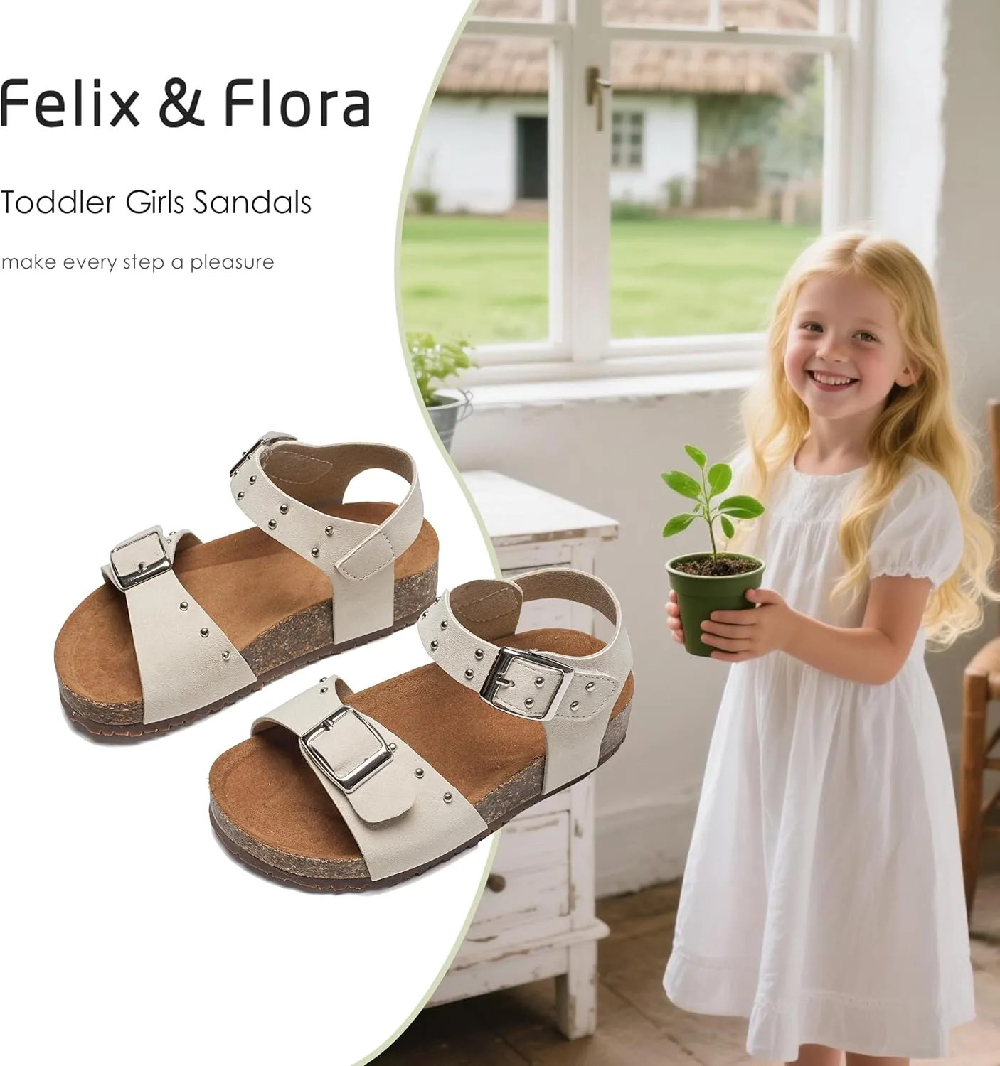 Felix & Flora Toddler Girls Sandals Flower Girl Cork Footbed Open Toe Comfort Princess Summer Flat Shoes