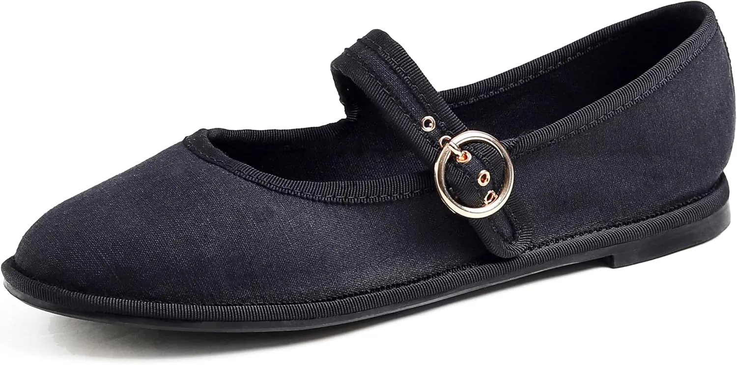 FEVERSOLE Women's Soft Breathable Mary Jane Memory Foam Cushioned Comfort Round Toe Metal Buckle Flats Walking Shoes