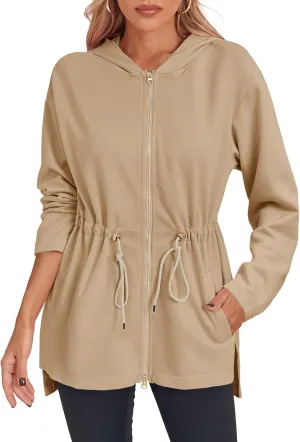 Fisoew Women's Zip Up Hoodie Sweatshirts Oversized Long Sleeve Casual Drawstring Waist Side Slit Tunic Tops