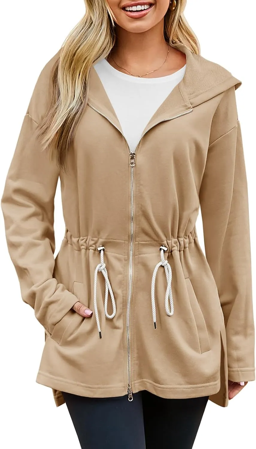 Fisoew Women's Zip Up Hoodie Sweatshirts Oversized Long Sleeve Casual Drawstring Waist Side Slit Tunic Tops