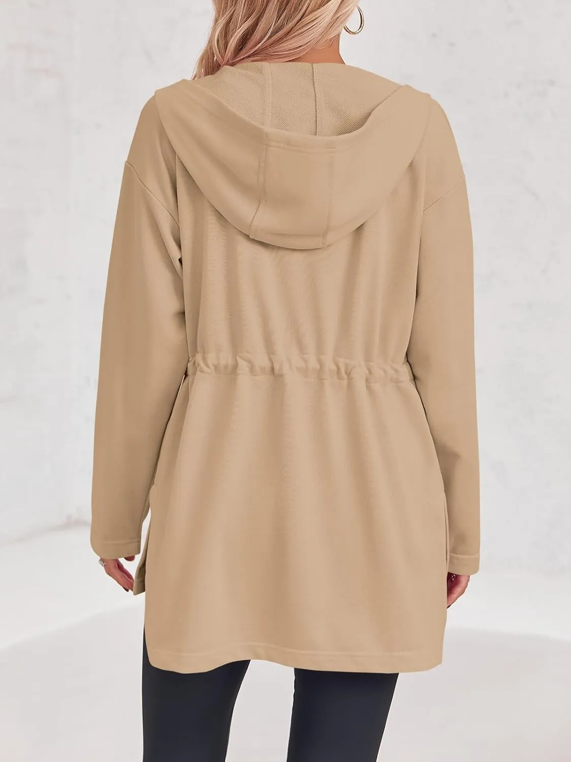 Fisoew Women's Zip Up Hoodie Sweatshirts Oversized Long Sleeve Casual Drawstring Waist Side Slit Tunic Tops