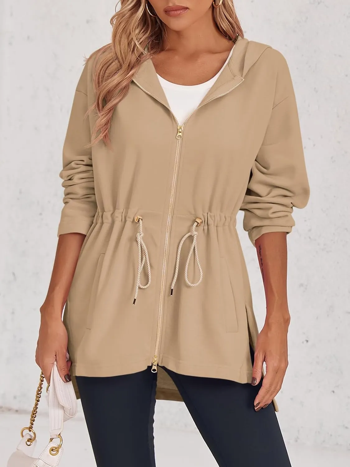 Fisoew Women's Zip Up Hoodie Sweatshirts Oversized Long Sleeve Casual Drawstring Waist Side Slit Tunic Tops