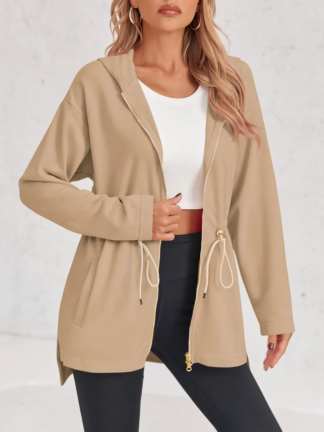 Fisoew Women's Zip Up Hoodie Sweatshirts Oversized Long Sleeve Casual Drawstring Waist Side Slit Tunic Tops