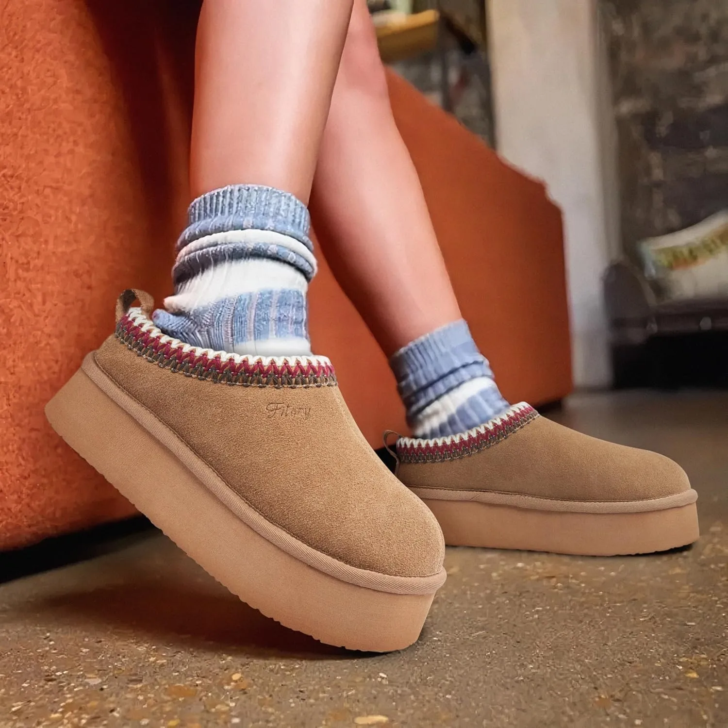 FITORY Womens Platform Slippers, Suede Ankle Boots with Fleece-lined for Indoor Outdoors Size 6-11