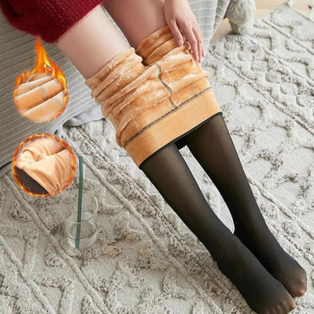 Fleece Lined Tights Women Leggings Thermal Pantyhose Fake Translucent Opaque High Waisted Winter Warm Sheer Tight