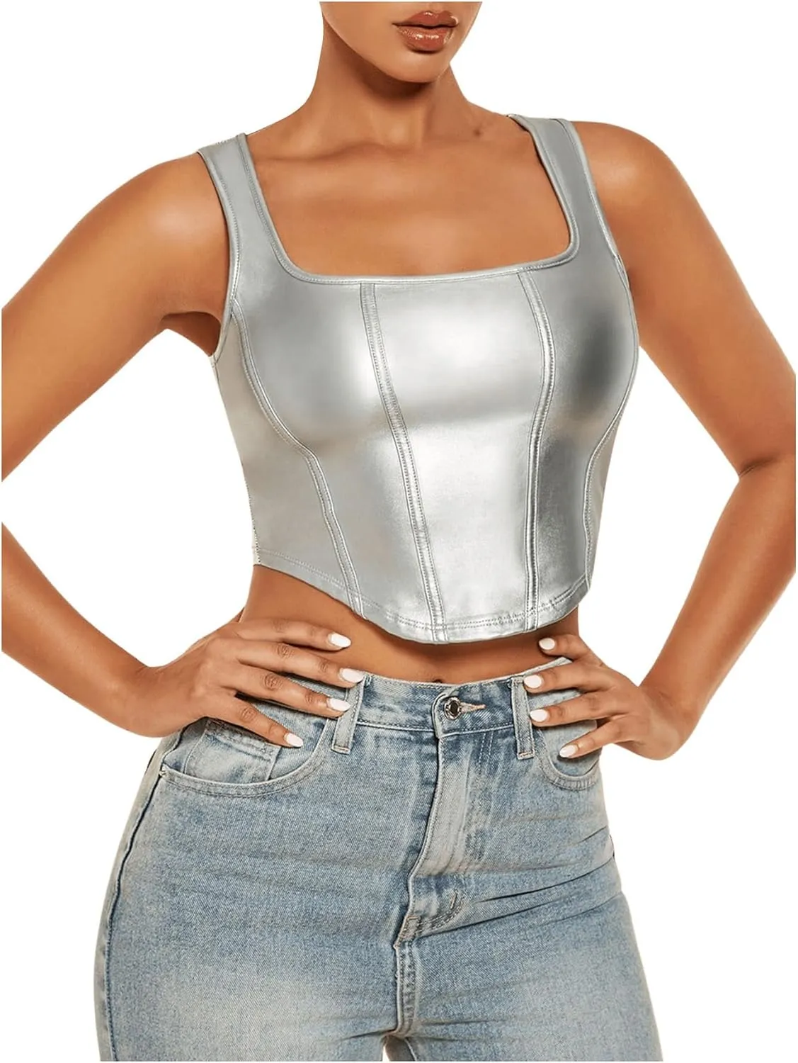 Floerns Women's Square Neck Asymmetrical Hem Sleeveless Shirts PU Leather Club Tank Top