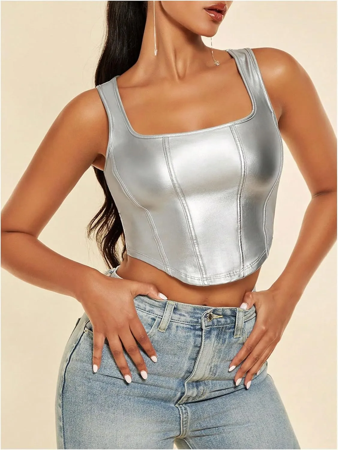 Floerns Women's Square Neck Asymmetrical Hem Sleeveless Shirts PU Leather Club Tank Top