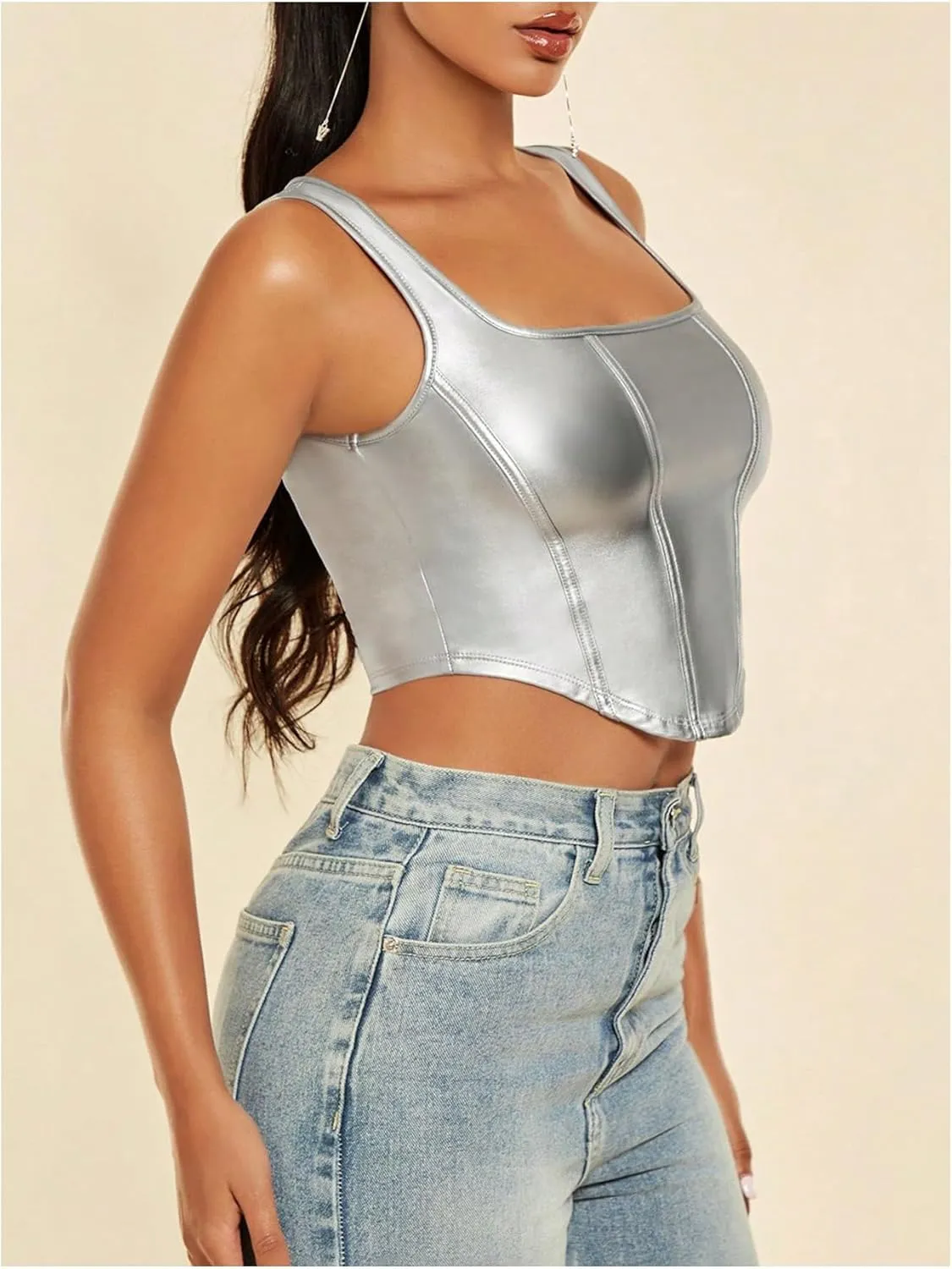 Floerns Women's Square Neck Asymmetrical Hem Sleeveless Shirts PU Leather Club Tank Top