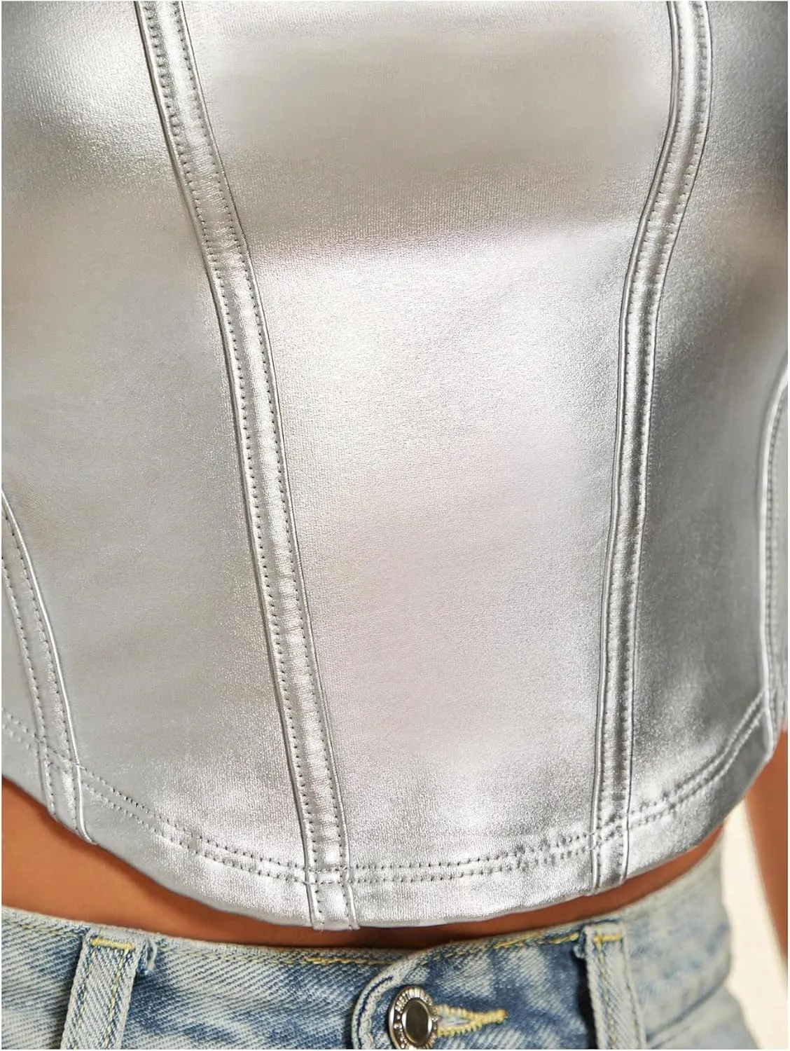 Floerns Women's Square Neck Asymmetrical Hem Sleeveless Shirts PU Leather Club Tank Top