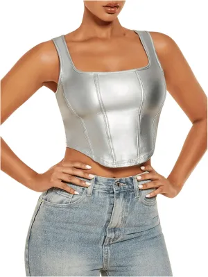 Floerns Women's Square Neck Asymmetrical Hem Sleeveless Shirts PU Leather Club Tank Top