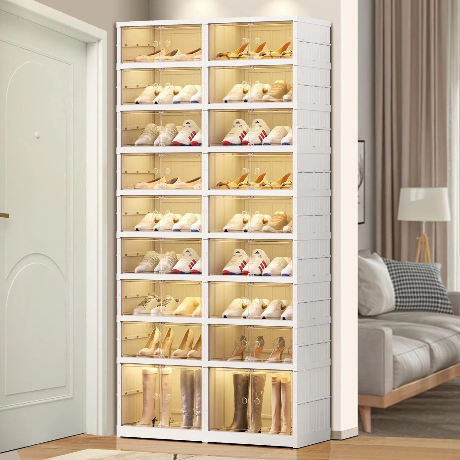 Foldable 9-Tier Shoe Rack Organizer for 18-36 Pairs - Collapsible Clear Plastic Shelf for Closet, Entrance or Front Door - Tall Stackable Folding Shoes Storage Boxes cabinet