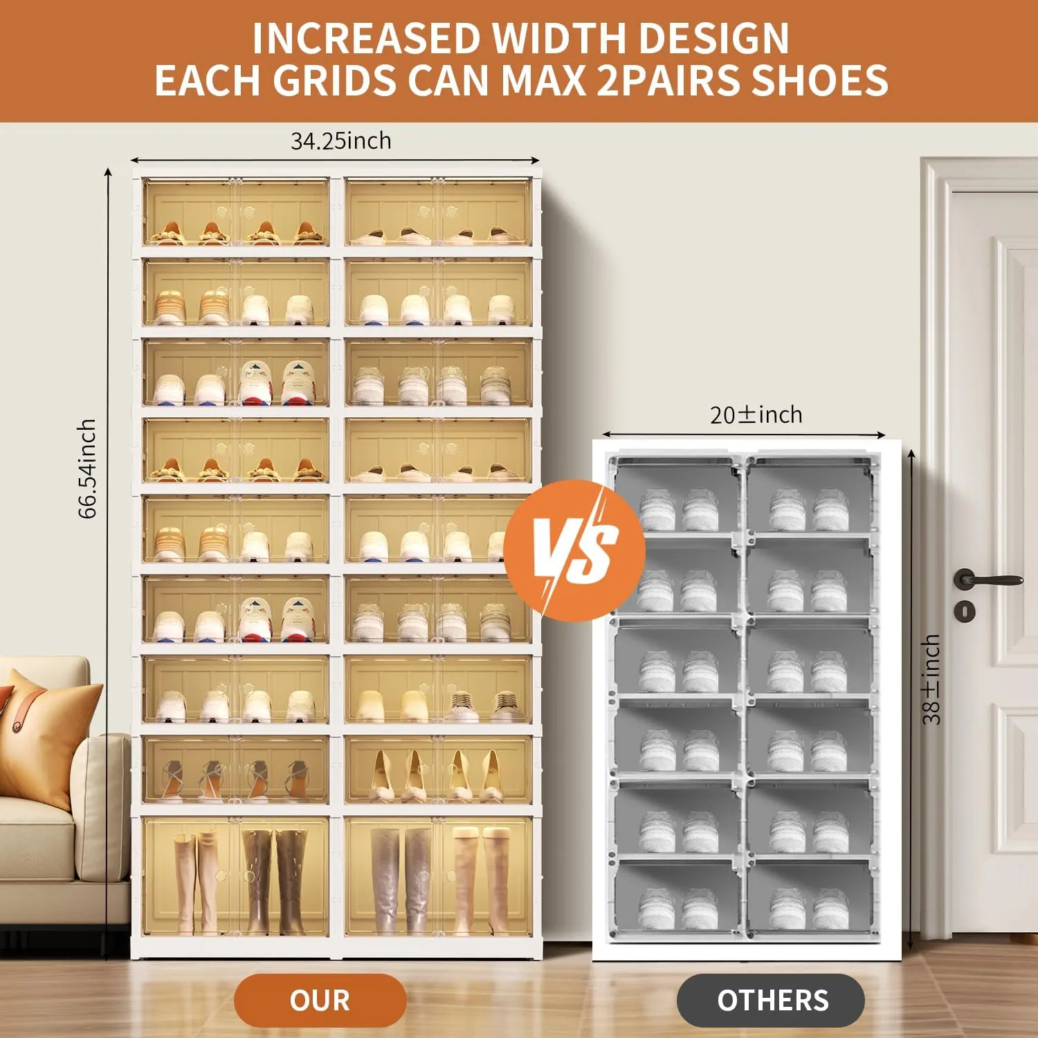 Foldable 9-Tier Shoe Rack Organizer for 18-36 Pairs - Collapsible Clear Plastic Shelf for Closet, Entrance or Front Door - Tall Stackable Folding Shoes Storage Boxes cabinet