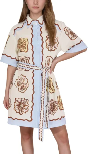FOTN Belted Shirt Dresses for Women 2025 Point Collar Button Graffiti Mini Dress Casual Summer Lace Up Sundress for Vacation