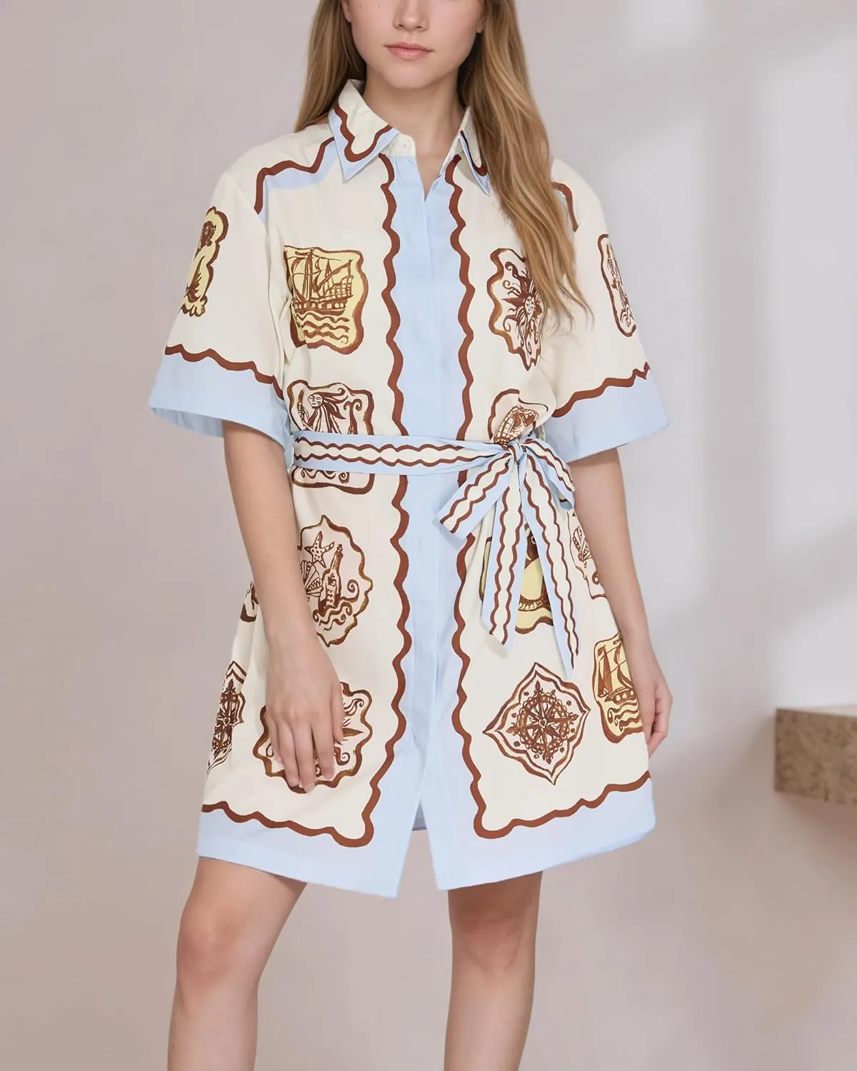 FOTN Belted Shirt Dresses for Women 2025 Point Collar Button Graffiti Mini Dress Casual Summer Lace Up Sundress for Vacation