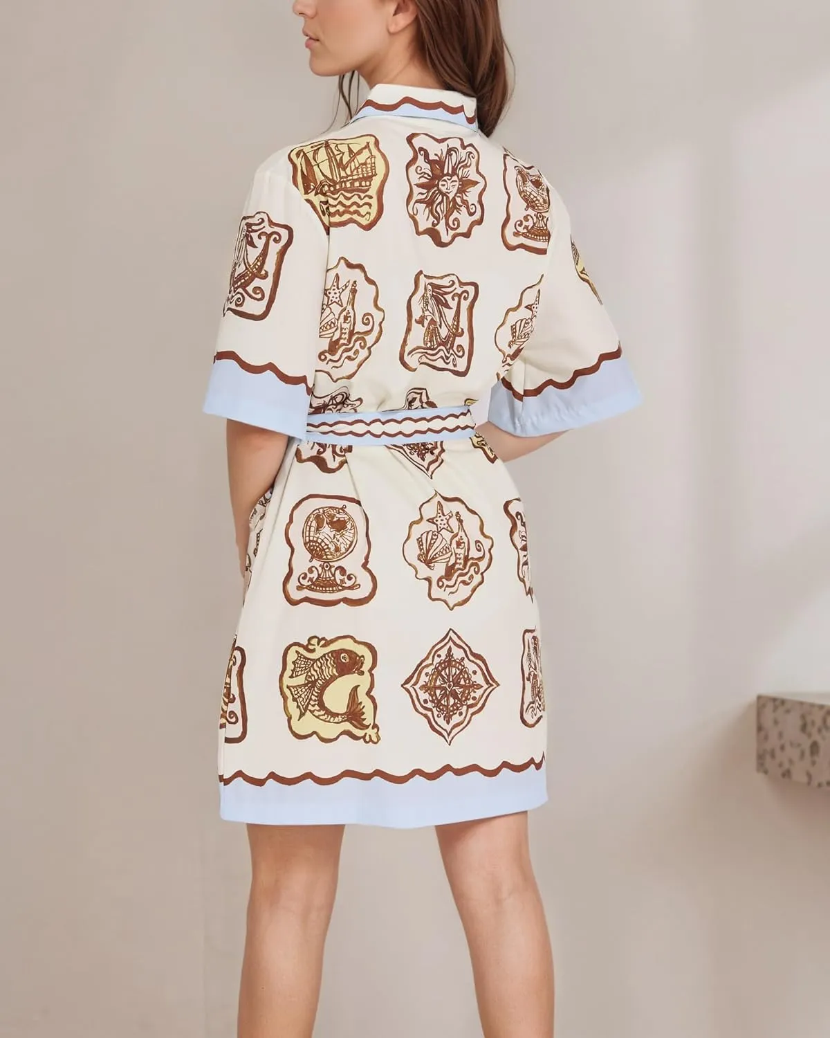 FOTN Belted Shirt Dresses for Women 2025 Point Collar Button Graffiti Mini Dress Casual Summer Lace Up Sundress for Vacation