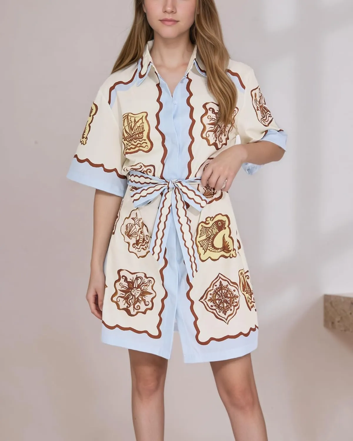 FOTN Belted Shirt Dresses for Women 2025 Point Collar Button Graffiti Mini Dress Casual Summer Lace Up Sundress for Vacation
