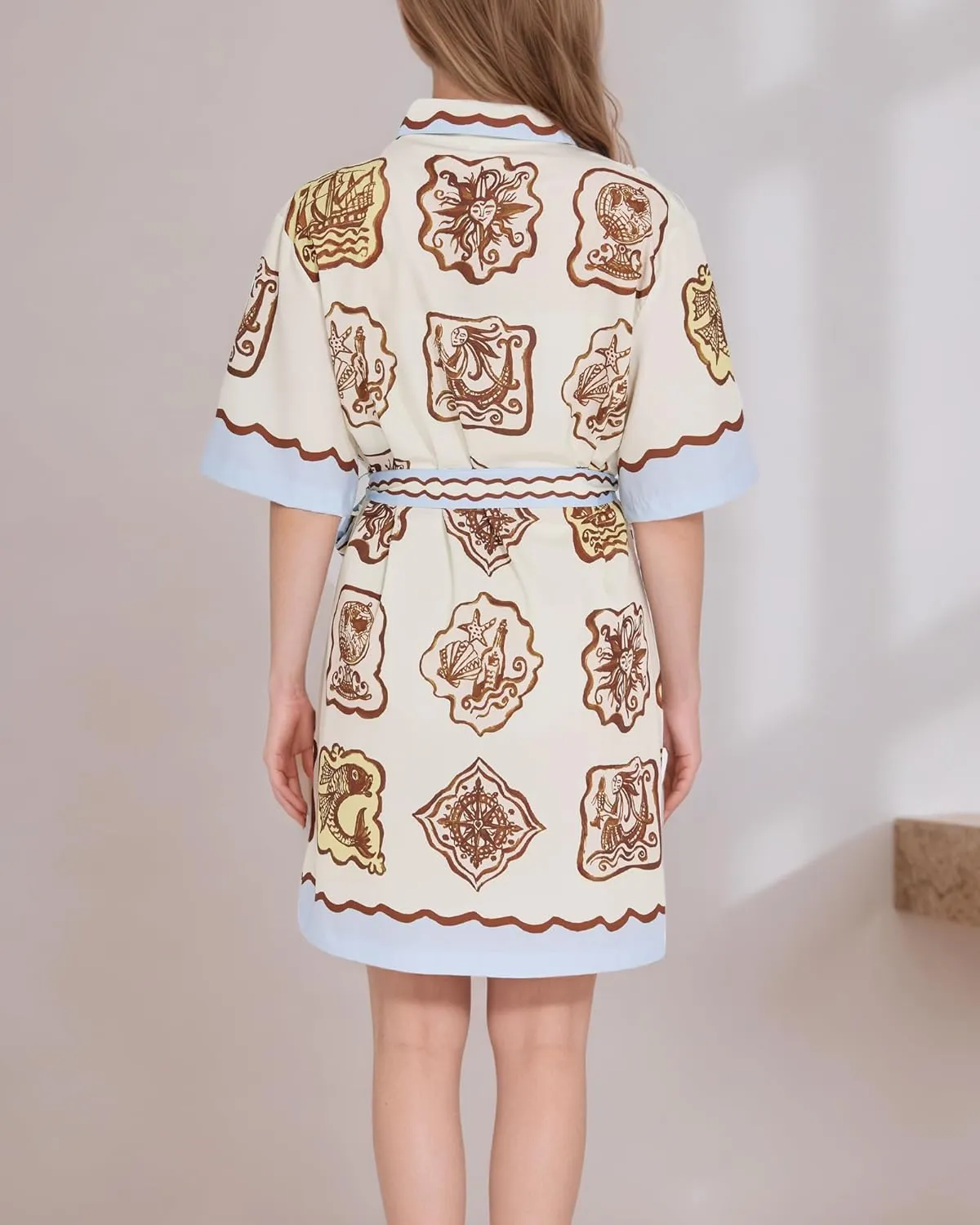 FOTN Belted Shirt Dresses for Women 2025 Point Collar Button Graffiti Mini Dress Casual Summer Lace Up Sundress for Vacation