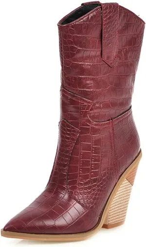 FOWT Women’s Crocodile Embossed Knee High Cowgirls Boots High Stacked Heels Wedge Long Booties Pull On Cowboy Bootie Pointed Toe Shoes Winter Fall Warm Work Daily Shoes Size 6-12 US
