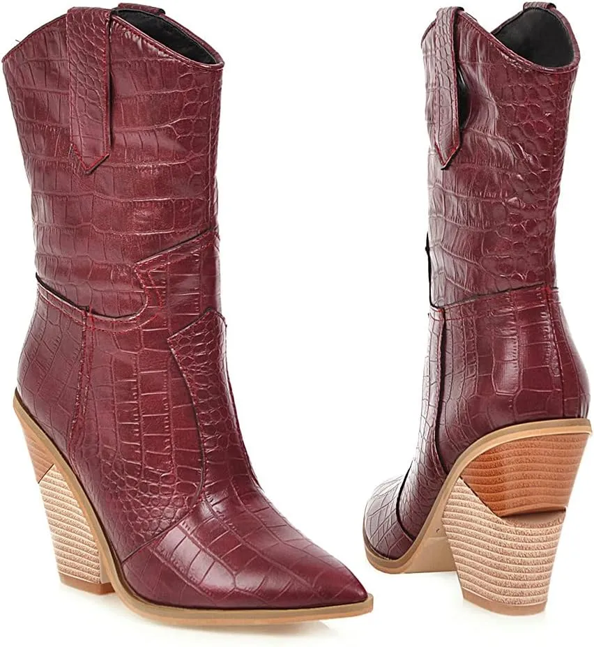 FOWT Women’s Crocodile Embossed Knee High Cowgirls Boots High Stacked Heels Wedge Long Booties Pull On Cowboy Bootie Pointed Toe Shoes Winter Fall Warm Work Daily Shoes Size 6-12 US