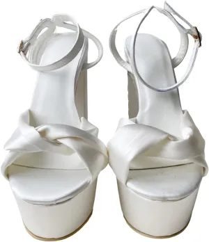 Frankie Hsu Fashion Platform Chunky Classic White Satin Bow Block Wedding Bridal Shoes Large Big Size Ankle Strap High Heeled Summer Sandal for Women Men
