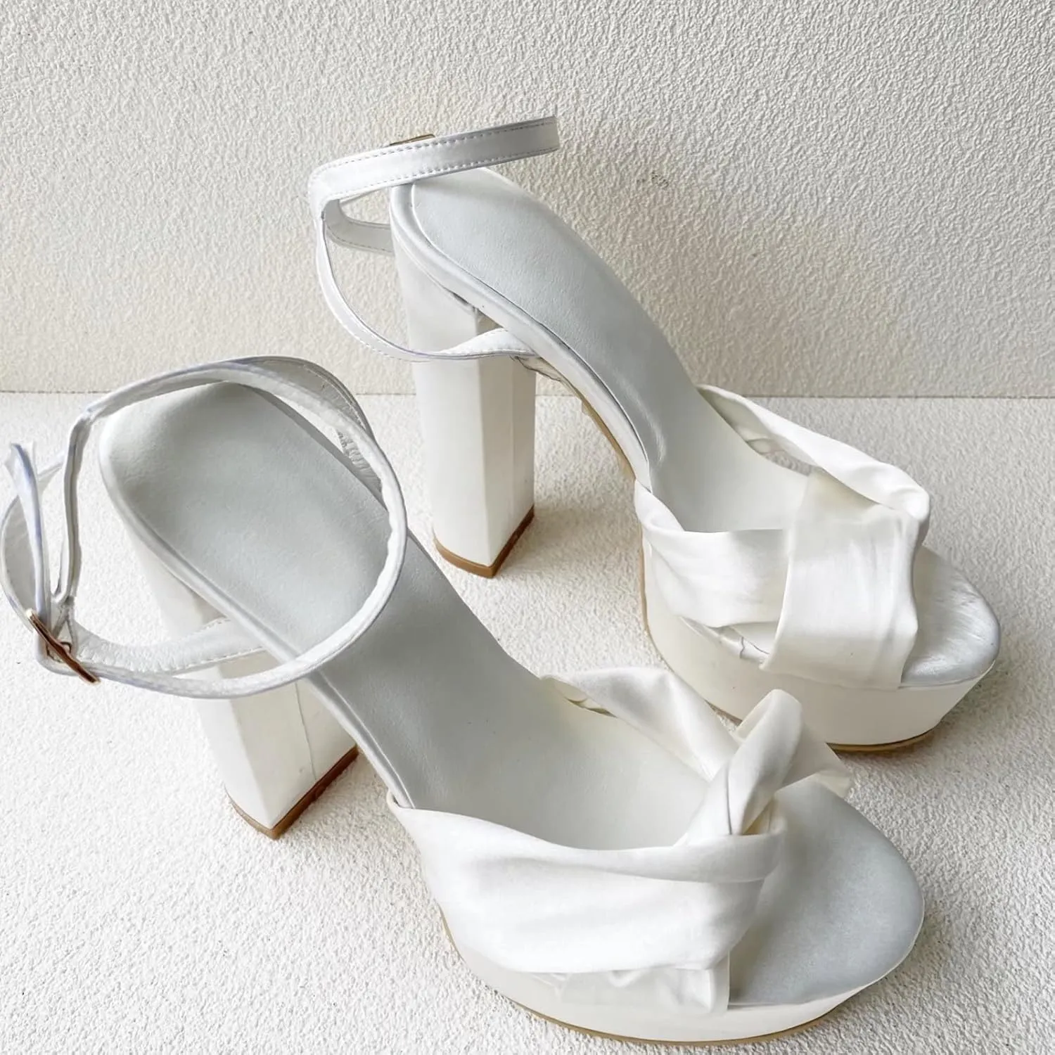 Frankie Hsu Fashion Platform Chunky Classic White Satin Bow Block Wedding Bridal Shoes Large Big Size Ankle Strap High Heeled Summer Sandal for Women Men