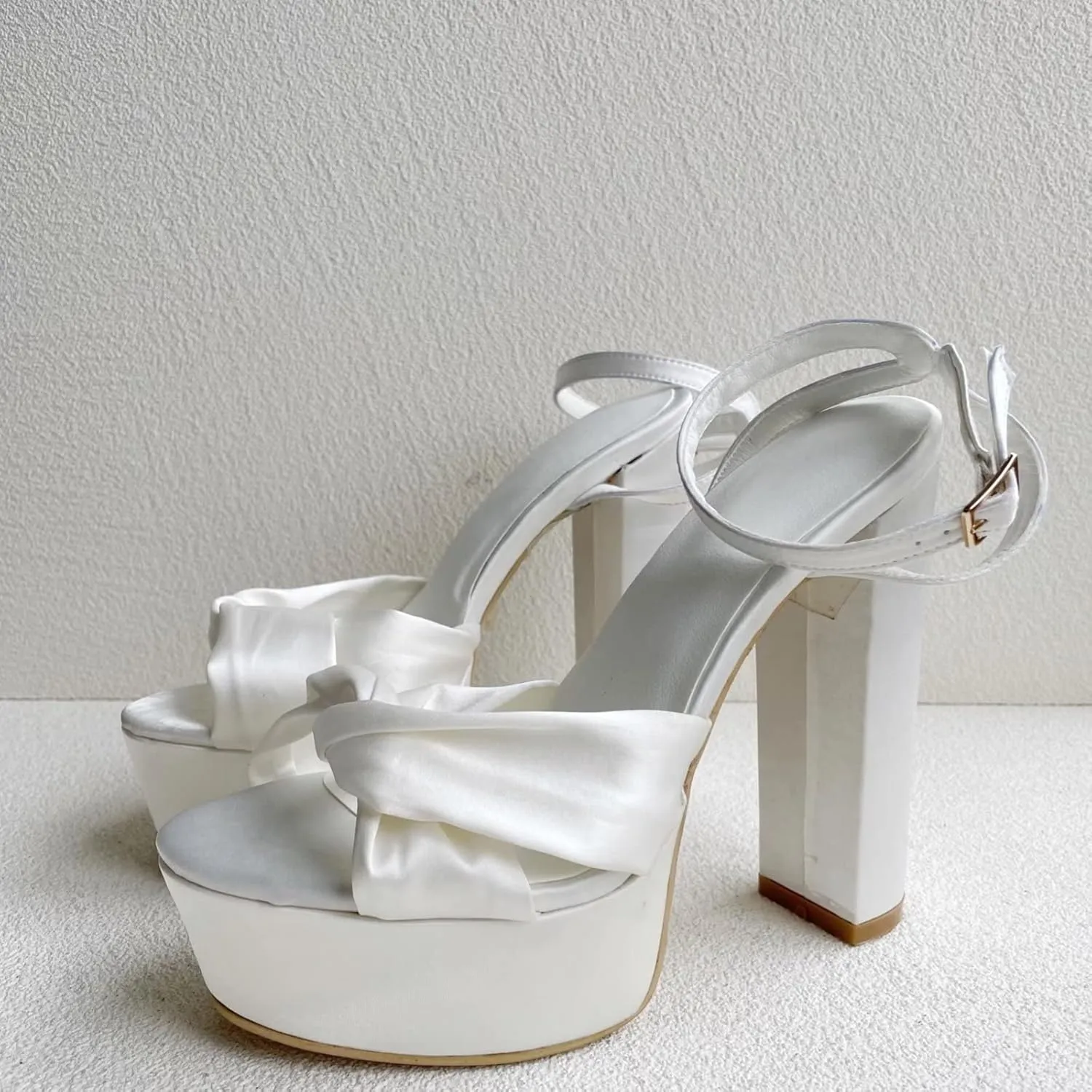 Frankie Hsu Fashion Platform Chunky Classic White Satin Bow Block Wedding Bridal Shoes Large Big Size Ankle Strap High Heeled Summer Sandal for Women Men