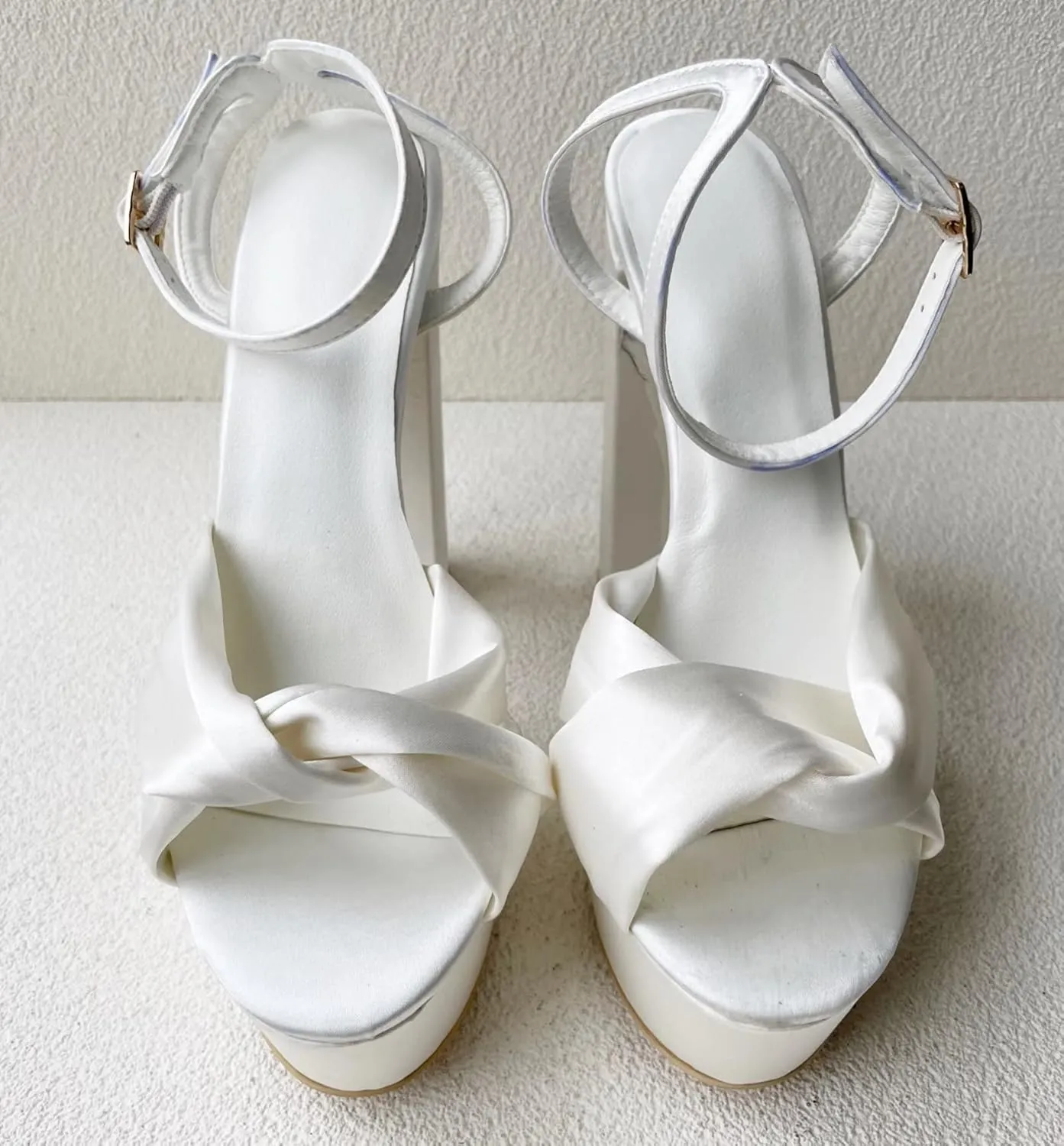 Frankie Hsu Fashion Platform Chunky Classic White Satin Bow Block Wedding Bridal Shoes Large Big Size Ankle Strap High Heeled Summer Sandal for Women Men