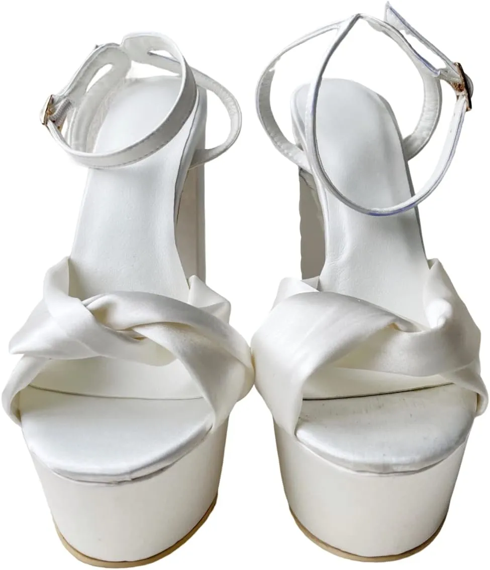 Frankie Hsu Fashion Platform Chunky Classic White Satin Bow Block Wedding Bridal Shoes Large Big Size Ankle Strap High Heeled Summer Sandal for Women Men