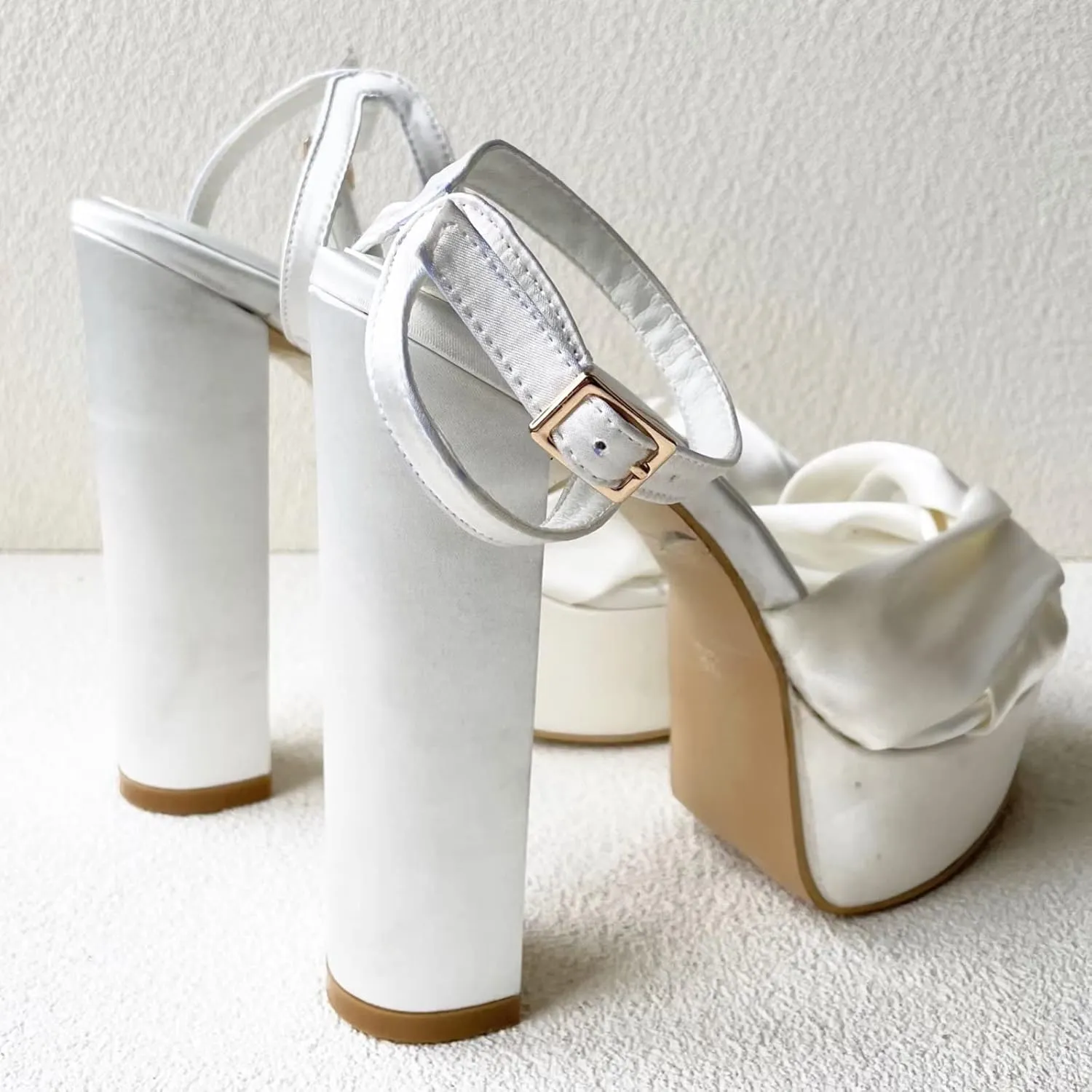 Frankie Hsu Fashion Platform Chunky Classic White Satin Bow Block Wedding Bridal Shoes Large Big Size Ankle Strap High Heeled Summer Sandal for Women Men