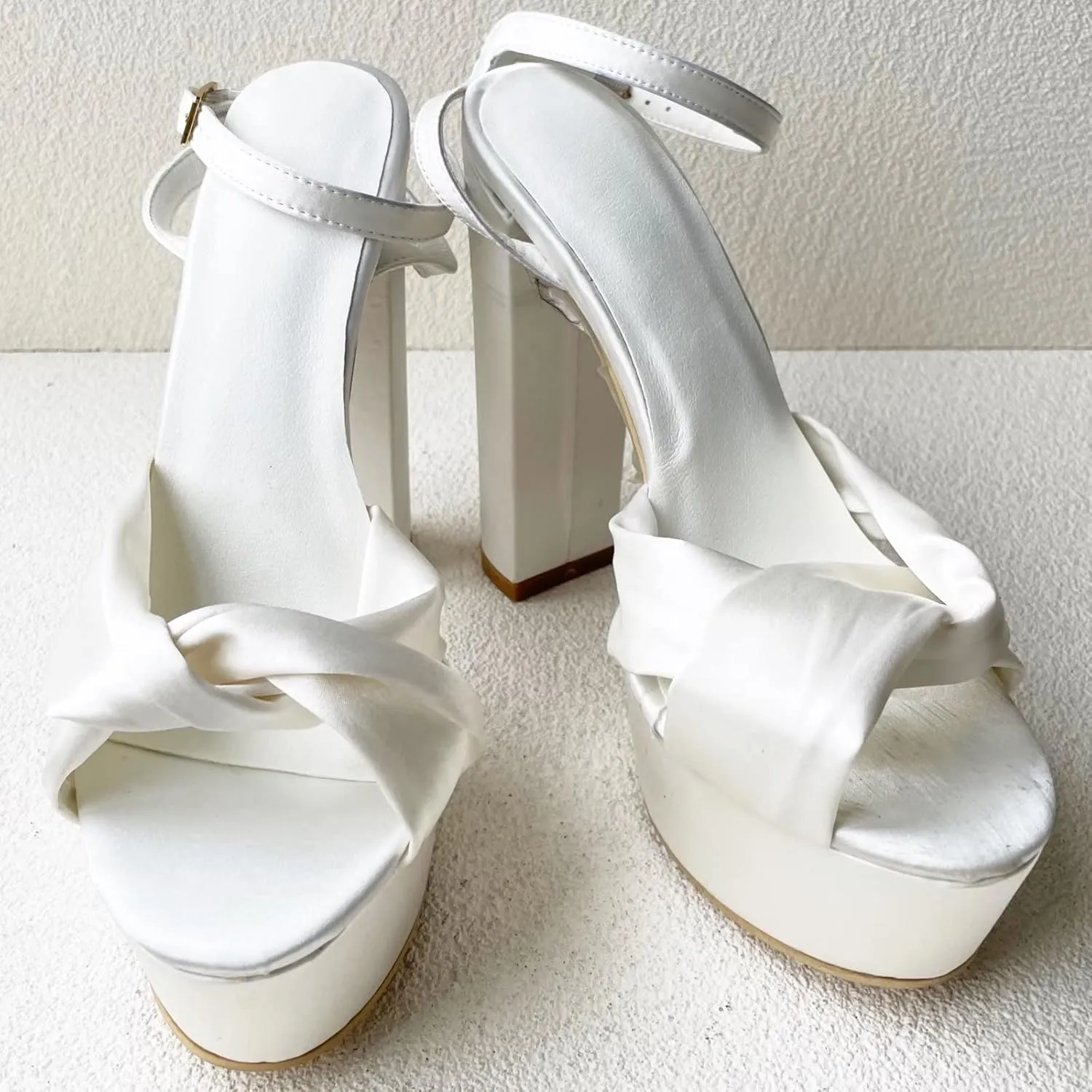 Frankie Hsu Fashion Platform Chunky Classic White Satin Bow Block Wedding Bridal Shoes Large Big Size Ankle Strap High Heeled Summer Sandal for Women Men